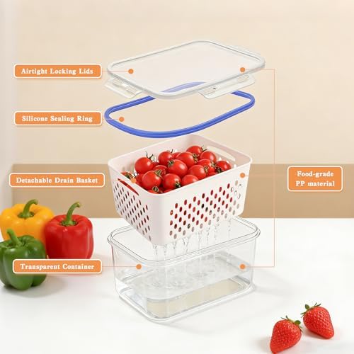 4 in 1 Food Storage Container,Fruit Storage Containers for Fridge,Produce Storage Containers with Lid and Strainer,Including Drain Basket,Keep Berry Fruit Fresh Longer(3PC-White) - Image 6