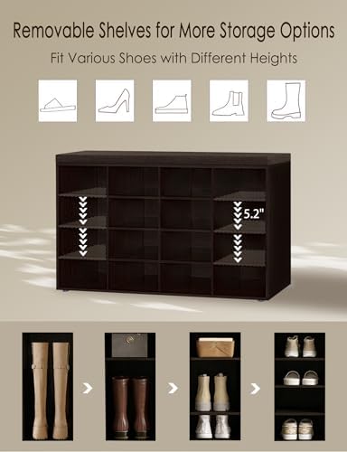 DINZI LVJ Shoe Storage Bench with Cushion, 16-Cubby Shoe Rack with Seat - Image 4