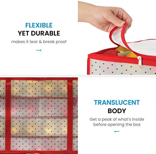 ZOBER Christmas Ornament Storage Box - Stores 128 Ornaments W/ 2 Sided Zipper - Flexible Plastic Christmas Ornament Storage Containers - 3 Inch Cube Compartments - Red - Image 5