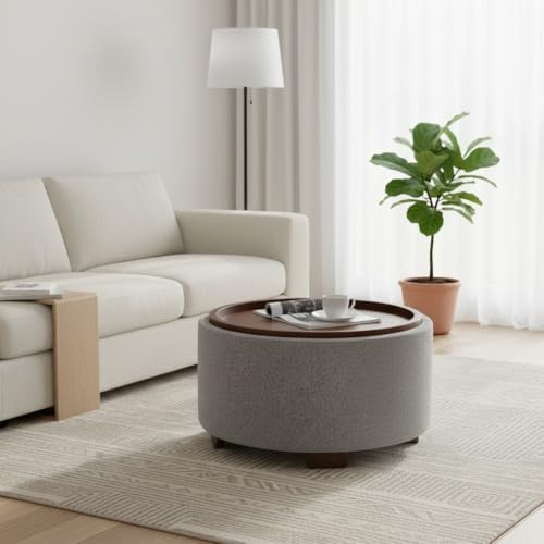 Zihanhome 30 Inch Round Storage Ottoman, Ottoman Coffee Table with Lift Off Lid, Boucle Modern Ottomans with Storage for Living Room, Bedroom, Apartments (Light Grey) - Image 3