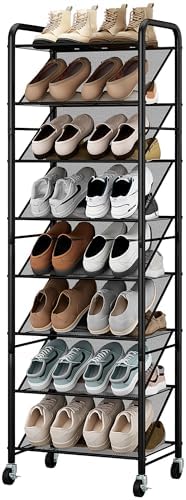 STO STO 8-Tier Narrow Shoe Rack with Lockable Wheels, Double-Sided Vinyl Mesh Shelf Shoe Organizer for Up to 30 Pairs, Slim Space Saving Metal Rolling Shoe Storage for Entryway, Closet, Hallway by STOSTO