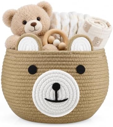 PandaEar Cotton Rope Baby Basket, Baby Gift Basket Nursery Laundry Organizer with Cute Bear Design for Storage Infant Newborn Essentials, Diaper Caddy with Handle (Brown) by PandaEar