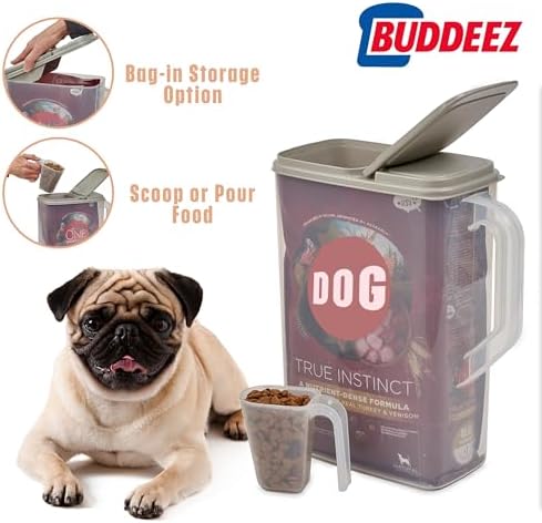 Buddeez Pet Food Storage Container - 8 Quart Capacity Dog / Cat Food & Bird Seed Container with Durable EZ Grip Handle, Flip Gray Lid (includes 1 Cup Clear Scoop) - Image 2