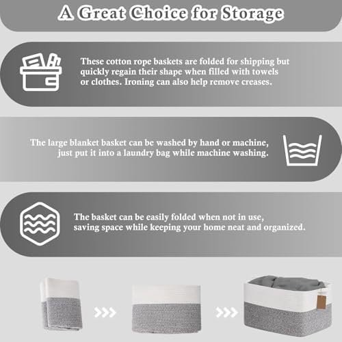 Goodpick 75L Extra Large Woven Rope Blanket Basket, Rectangle, Light Gray - Image 7