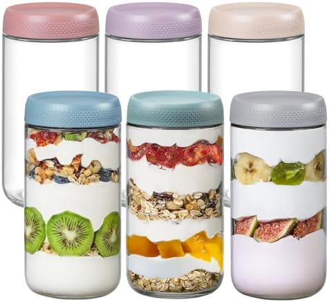 NETANY 6-pack 24oz Glass jars with Airtight Lids, Overnight Oats Containers with Lids, Wide mouth Mason Salad jars, Glass Food Storage Containers for Snacks Yogurt Spice Sugar by NETANY