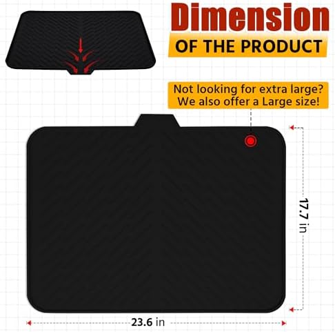 Luxet Silicone Dish Drying Mat with Built-in Drain Lip - Hygienic Drying Pad - Sturdy Compact Easy to Clean Tray Protects Surfaces Prevents Water Build Up - 23 X 17 (Black) - Image 2