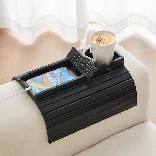 GEHE Bamboo Couch Cup Holder, Anti-Spill Sofa Arm Tray, Natural and Easy to Clean Couch Arm Cup Holder Armrest Tray Perfect for Cups, Beers, Snacks, Remote Control, Drinks by GEHE