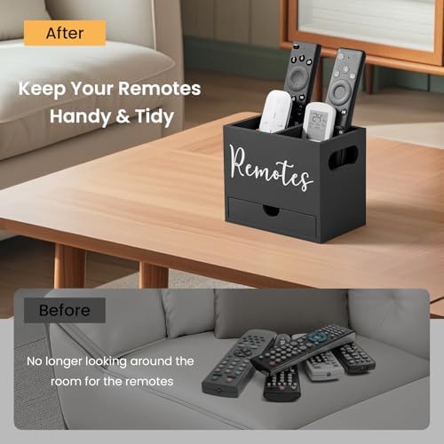 Remote Control Holder, TV Remote Holder with Drawer, Wood Remote Control Organizer for Table, Media Storage Box for Nightstand, Living Room (Black,2 Slots) - Image 4