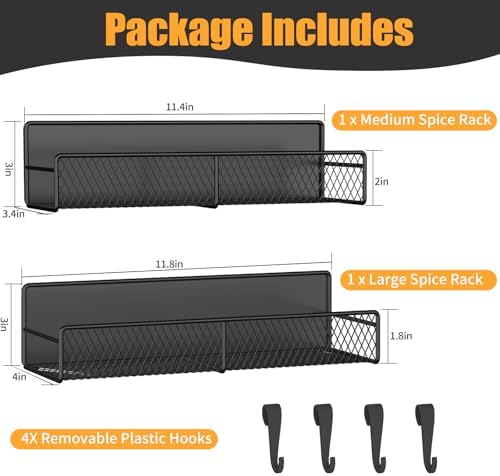 Magnetic Spice Rack for Refrigerator, 2 Pack Metal Magnetic Shelf Black, Moveable Spice Organizer with Hooks, Super Magnetic Fridge Shelf for Kitchen Organization and Storage - Image 2