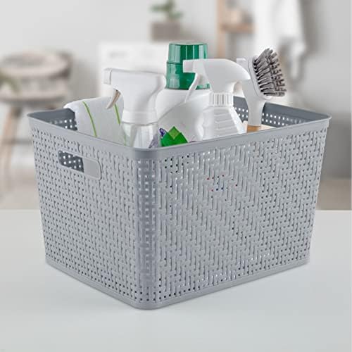 Sterilite Tall Basket, Woven Plastic Storage Organizer Bin, Cement, 12-Pack - Image 5