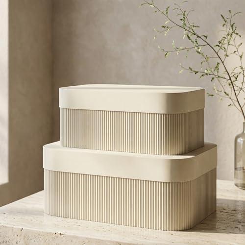 Decorative Storage Boxes with Lids - Set of 2 Fluted Photo Organizer Bins by ZICOTO