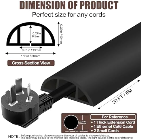 Floor Cord Cover Self Adhesive Cord Hider,20FT Cable Management, Extension Strip Protector for Wires, Prevent Cable Trips for Offices, Gyms, Exhibitions Cavity:0.39"(W) x 0.27"(H) Black - Image 2