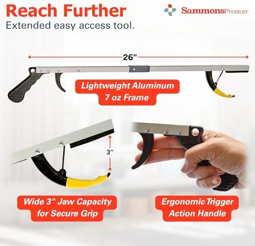 Sammons Preston Reacher, 26" Lightweight Grabber Reacher Tool with Magnetic Tip, Ergonomic Grip & Claw Jaw, Portable Reaching Aid for Seniors, Daily Living & Home Use, Standard Silver, Folding, 3 pack - Image 2