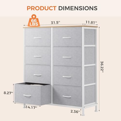 Sweetcrispy 8 Drawer Fabric Dresser for Bedroom, Tall Dresser, Light Grey - Image 3