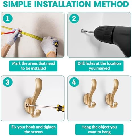 Coat Hooks Heavy Duty - Easy to Install Metal Towel Hooks Fashionable Wall Hooks for Hanging Hat, Towel, Key, Robe, Scarf, Bag, Cap (4 PCS Gold) - Image 4