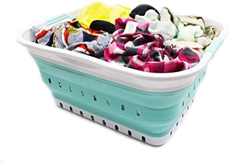 SAMMART 42L (11 gallon) Collapsible Plastic Laundry Basket - Foldable Pop Up Storage Container/Organizer - Space Saving Hamper/Basket (1, White/Lake Green) - Image 5