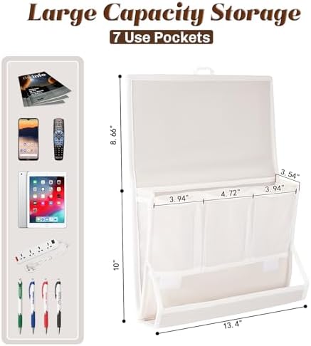Bedside Caddy Organizer for Dorm Bed Rails with 7 Pockets, White - Image 2