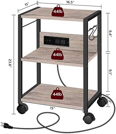 MAHANCRIS Industrial Printer Cart, 3-Tier Mobile Printer Stand, Rolling Cart with Power Outlets and USB Ports, Home Printer Stand with 2 Hooks, for Office, Living Room, Greige PTHG40E01 - Image 5