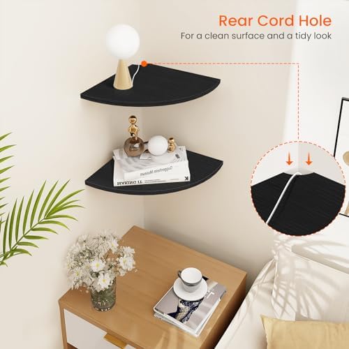 Homode Corner Floating Shelves, 12" Deep Corner Shelves Wall Mounted with Cord Hole, 2 Tier Curved Corner Hanging Shelving for Wall Storage, for Cable Box, TV Cords, Books, Plants, Black - Image 4