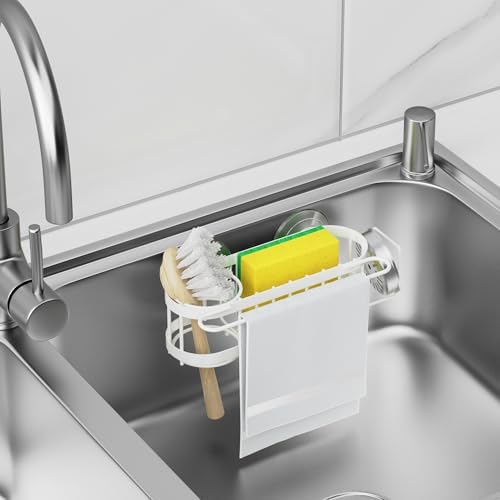 Cisily Kitchen Sink Caddy Sponge Holder in The Sink, Stainless Steel Kitchen Sink Organizer, Brush Holder, Dish Cloth Hanger, Sink Stopper Holder (Suction cup-White) - Image 3