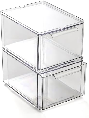 BINO | Clear Stackable Storage Drawers, Medium - 2 Pack | Clear Storage Drawers with Built-In Handles | Durable Plastic Organizer Drawer | Modular Stackable Drawer Acrylic Organizer by BINO