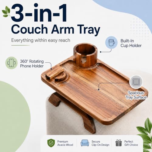 Couch Cup Holder Tray, 3 in 1 Acacia Wood Sofa Arm Clip On Tray Table with 360° Rotating Phone Holder | Couch Armrest Tray for Sofa, Recliner & Chair, Wood Side Table Tray with Drink Holder - Image 4