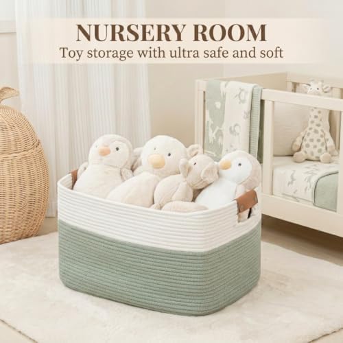 Danpinera 100L Extra Large Blanket Basket for Living Room, White&Sage Green - Image 6