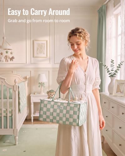 Blissful Diary Gingham Diaper Caddy Organizer, Nursery Storage, Light Green - Image 5