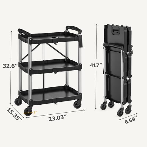DWVO 3-Tier Foldable Service Cart with Swivel Wheels & Brake, 240LBS - Image 3