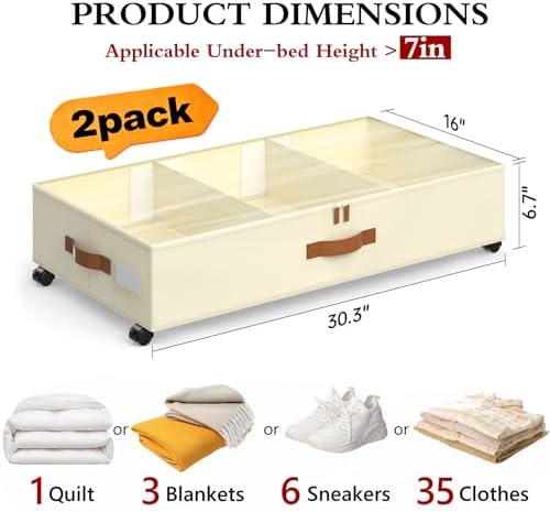Yecaye Under Bed Storage with Wheels, 2 Pack Under Bed Storage Containers with Adjustable Dividers & Clear Lid, Rolling Underbed Organizer Bins Drawer for Clothes, Shoes, Blankets(30.3 x 16 x 6.7in) - Image 4