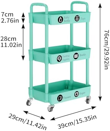 3 Tier Rolling Cart with Wheels, Utility Storage Carts,Green - Image 6