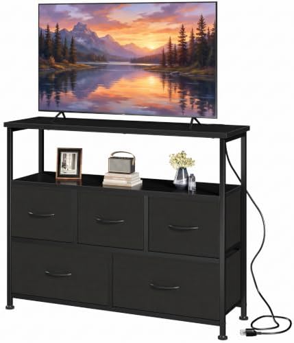 DUMOS TV Stand with 5 Fabric Drawers, Open Shelf & Charging Station by DumosLifestyle