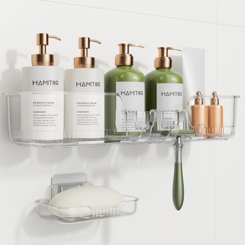 HAMITOR 2 Pack Adhesive Shower Caddy, Clear Transparent Shower Organizer by HAMITOR