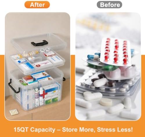 15QT Clear Medicine Organizer Box with Handle, Plastic Dorm Medicine Box with Tray, Empty First Aid Boxes, Thickened Medicine Storage Organizer, Multipurpose Medication Organizer Storage, Clear - Image 6