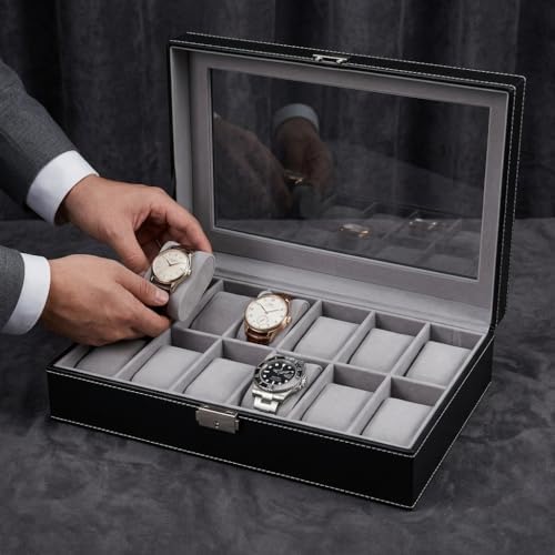 Watch Case Watch Box for Men - Watch Cases Display Holder Organizer Stand Storage Multi Boxes 12 Slot Small Leather Personalized Multiple Watch Safe Container with Lock for Women,PU Watch Holders - Image 2