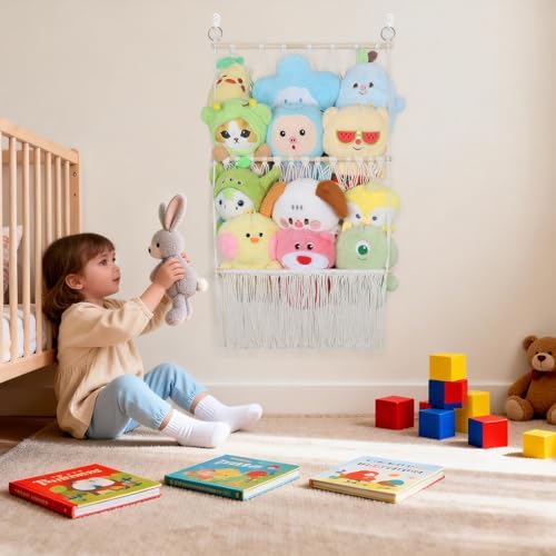2 Tier Stuffed Animal Storage Net, Large Boho Stuffy Plushies Storage,Beige - Image 2