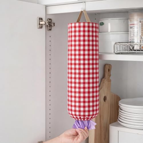Gingham Plastic Bag Holder for Grocery Bag, Red - Image 6