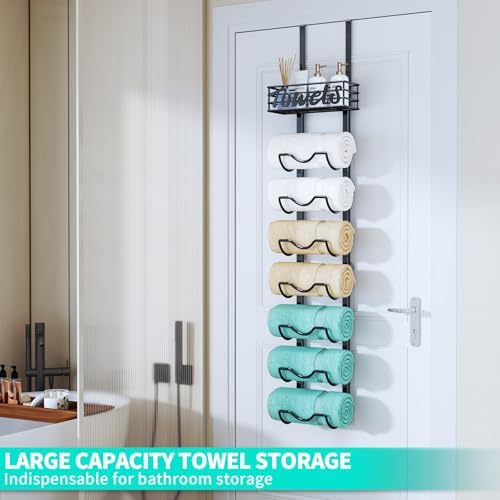HapiRm Over The Door Towel Rack - 8 Tier Wall Mount Rolled Towel Holder Storage Organizer Shelf with Storage Basket for Small Bathroom, Rv, Camper - Black - Image 5