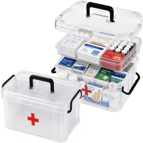 2 Pack Clear Medicine Organizer Box with Handle, Plastic Medicine Container with Tray Empty First Aid Box Empty, Thickened Medicine Storage Organizer Multipurpose Medication Organizer Storage, Clear by ANYPROLUS