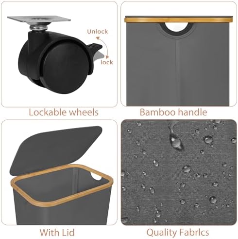 Laundry Basket with Wheels,100L Hampers for Laundry,Large Laundry Hamper with Lid and Bamboo Handles,Collapsible & Waterproof Tall Cloth Hamper for Dormitory Family,Grey - Image 2