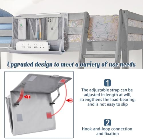Bedside Caddy Organizer for Dorm Bed Rails with 7 Pockets, Gray - Image 4