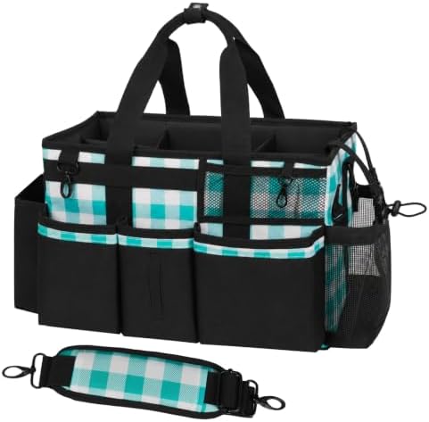 SCAVATA Wearable Cleaning Caddy, Cleaning Caddy Supplies Organizer with Handle & Shoulder Straps for Housekeepers, Under Sink & Car Cleaning Tool Organizers Bag with 4 Foldable Divider (BluePlaid) by Tidyyourlife