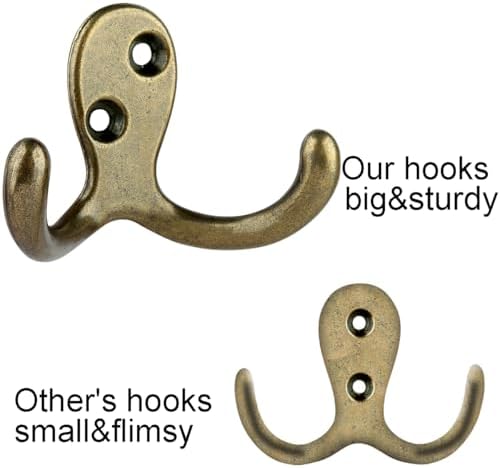 IBosins 16 Pack Antique Brass Double Prong Coat Hooks for Coat, Scarf, Bag - Image 3