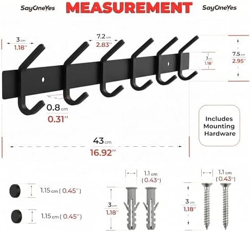 Coat Rack Wall Mount – 17 Inch Stainless Steel Hook Rail with 6 Double Coat Hooks for Hanging – Wall Mounted Entryway Organizer for Coats, Hats, Bags, Towels, Robes, Bedroom or Bathroom - Black - Image 2