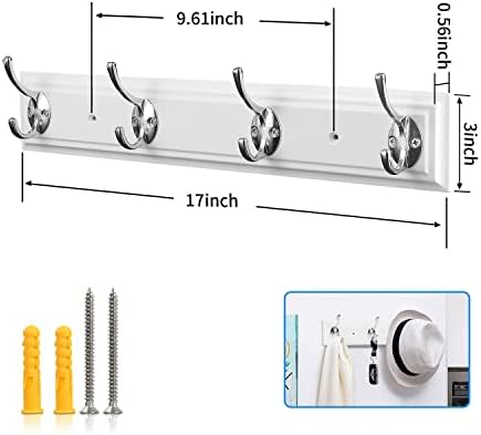Coat Rack Wall Mounted White, 17" Wooden Modern Wall Coat Hanger with 4 Hooks, Heavy Duty Zinc Alloy Wall Hook Rack for Hanging Coats, Keys, Bags, Great Touch for Bedroom Bathroom Kitchen - Image 2