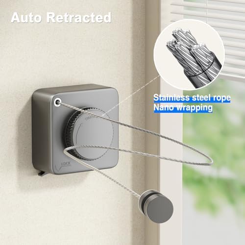 MUSTORN Retractable Clothesline Indoor, Non-Sagging Outdoor Clothes Line Retracting Heavy Duty Clothes Drying Laundry Line Wall Mounted Stainless Steel Line-13.8 Feets(Square-Gray) - Image 4