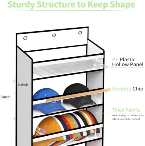 KEEPJOY 8-Tier Over the Door Hat Rack for Baseball Caps, Holds Up to 120 Caps Large Capacity Hanging Hat Storage Organizer with Clear Deep Pockets, Hat Holder for Nursery, Bedroom, Closet (White) - Image 4