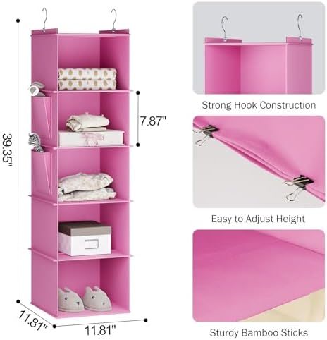 YOUDENOVA Hanging Closet Organizer and Storage, 5-Shelf, Light Pink - Image 3