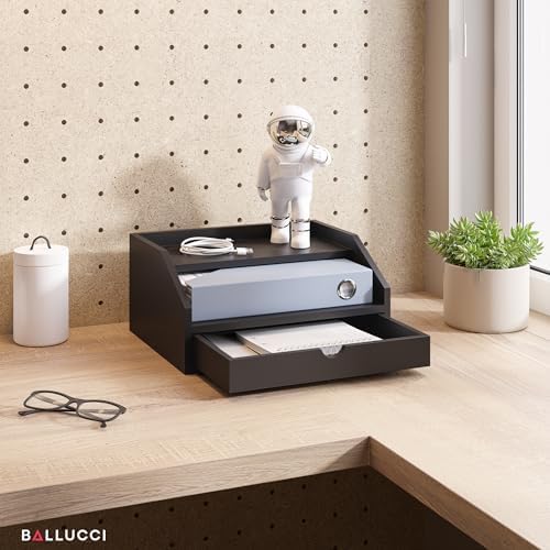 Ballucci Desk Organizer with Drawer, 2 Tier Paper Office Supplies Desk Organizer, 13 2/5" x 9 3/5" x 6", Black - Image 2