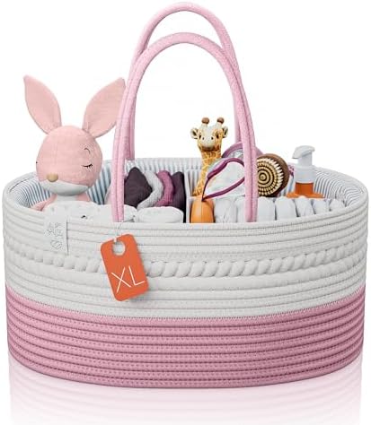 KiddyCare Woven Diaper Caddy Organizer, Large Gray Multi Functional Portable Baby Basket with Handle, Baby Gift for Boy/Girl Nursery Storage, Organization, and Modern Car Diaper Caddy Pink X-Large - Image 4